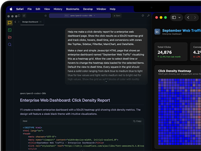 MacBook Pro screen of two Safari windows side by side displaying an AI-driven search, with a typed request for web traffic analysis and the request results