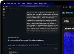 MacBook Pro screen of two Safari windows side by side displaying an AI-driven search, with a typed request for web traffic analysis and the request results