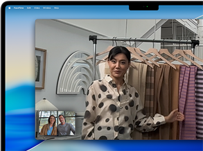 A video call on MacBook Pro, a woman talks to two people on the call, Centre Stage keeps her centred in the frame